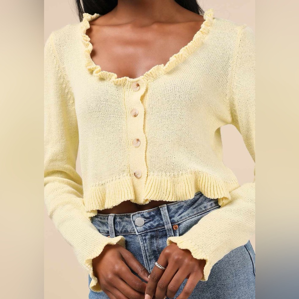 Lulus Light Yellow Ruffled Cropped Cardigan - Picture 5 of 6